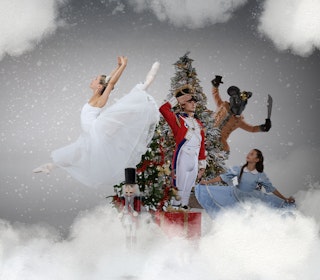 Ballerina, Nutcracker, Clara, and Rat King in a snowy "Nutcracker" scene.